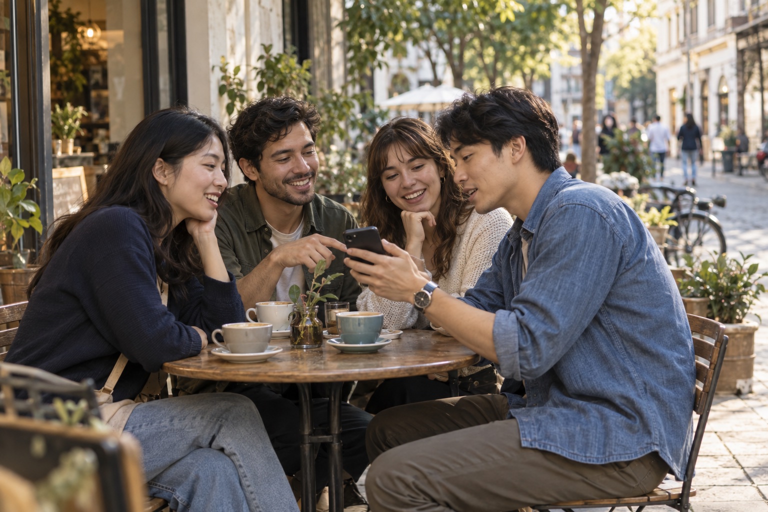 Four adult friends planning an outing at an outdoor café